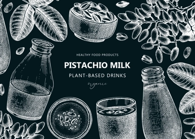 Vegetarian food background. Pistachio milk. Dairy products banner design. Print template with plant milk in glass, bottle, pistachio sketches. Healthy drink, nut milk vector illustration on chalkboard